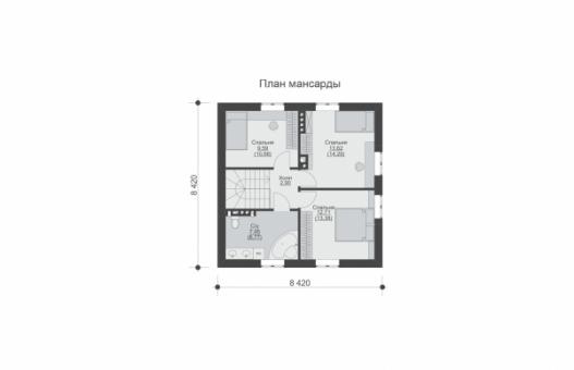 Проект одноэтажного дома с мансардой, гаражом и цоколем для узкого участка
